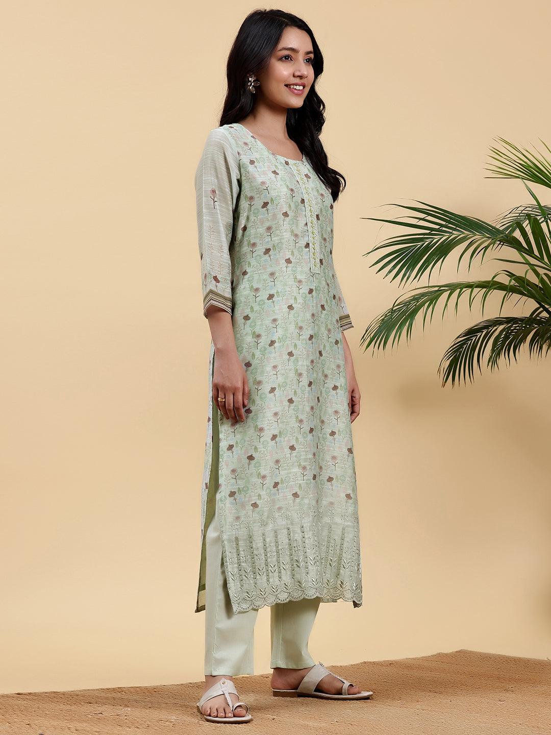 Green Printed Chanderi Silk Pakistani Suit - Libas 