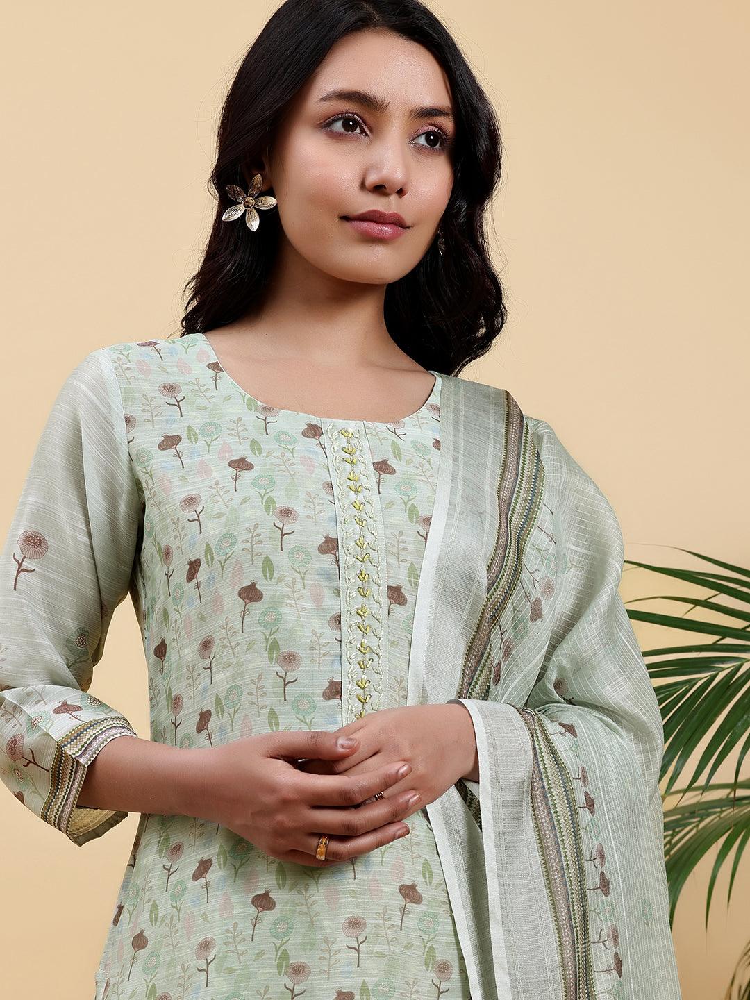 Green Printed Chanderi Silk Pakistani Suit - Libas