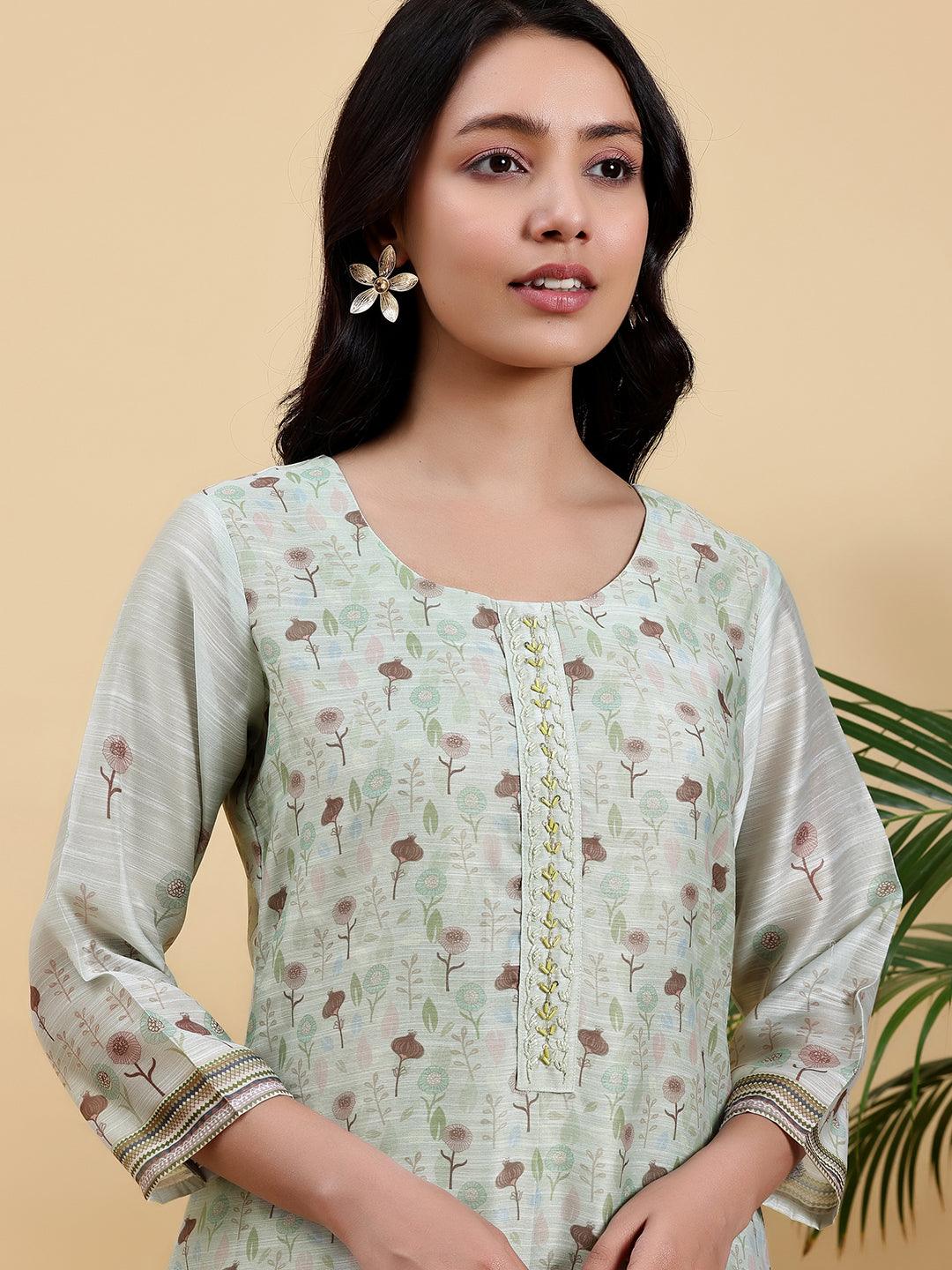 Green Printed Chanderi Silk Pakistani Suit - Libas