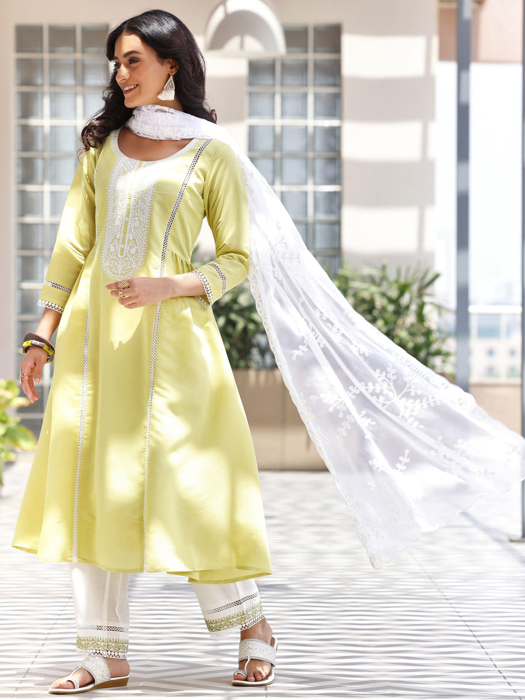 Green Embroidered Silk Blend A-Line Kurta With Trousers & Dupatta - Libas 