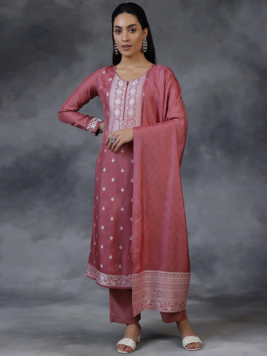 Pink Woven Design Silk Blend Straight Suit With Dupatta - Libas