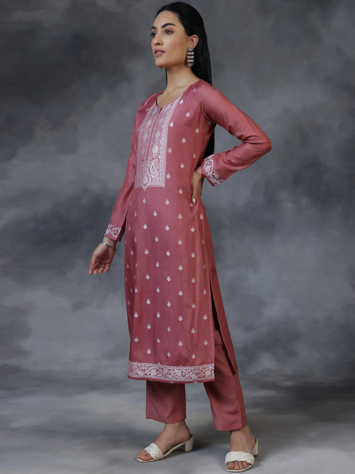 Pink Woven Design Silk Blend Straight Suit With Dupatta - Libas