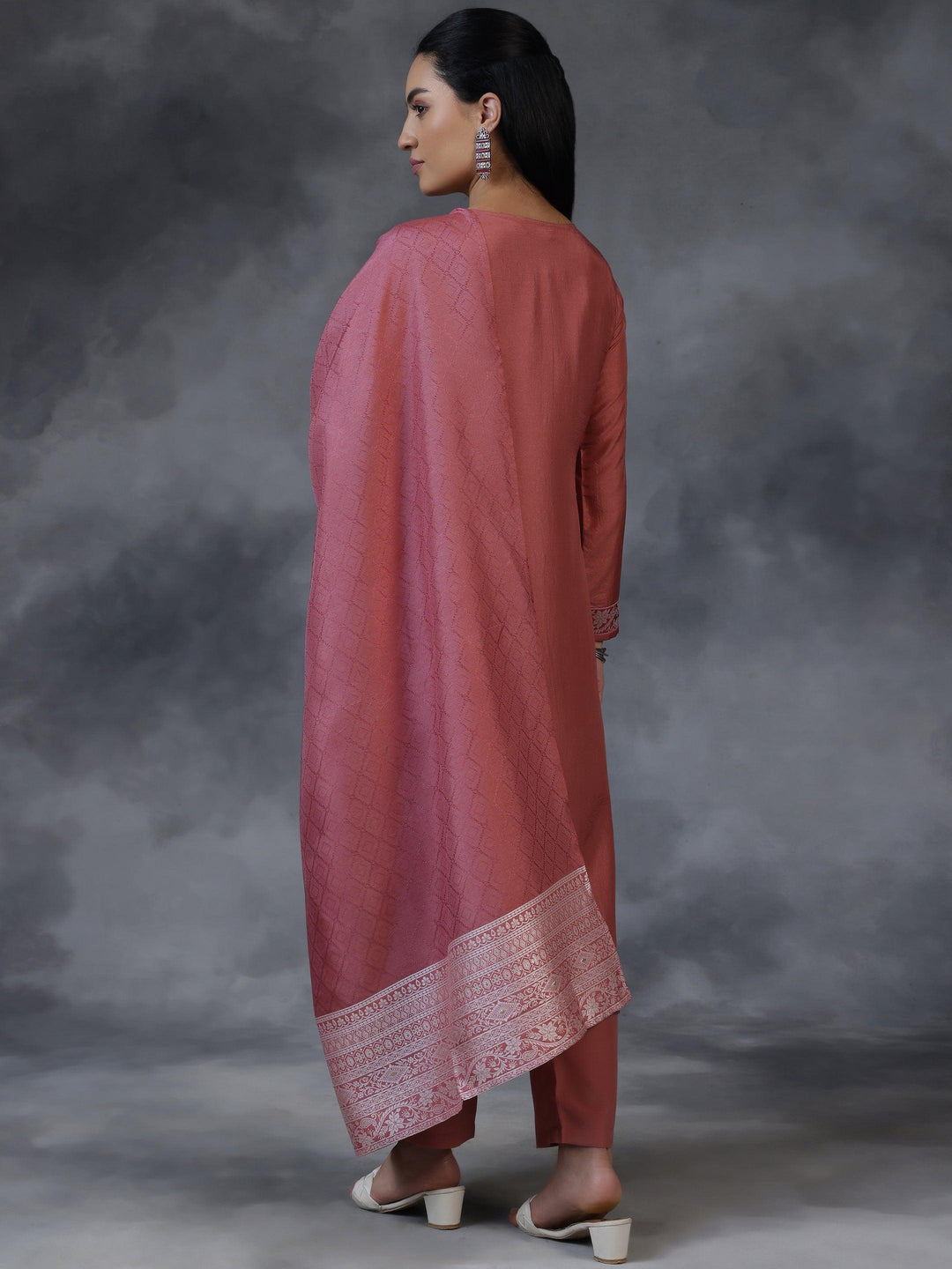 Pink Woven Design Silk Blend Straight Suit With Dupatta - Libas