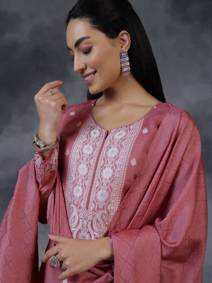 Pink Woven Design Silk Blend Straight Suit With Dupatta - Libas