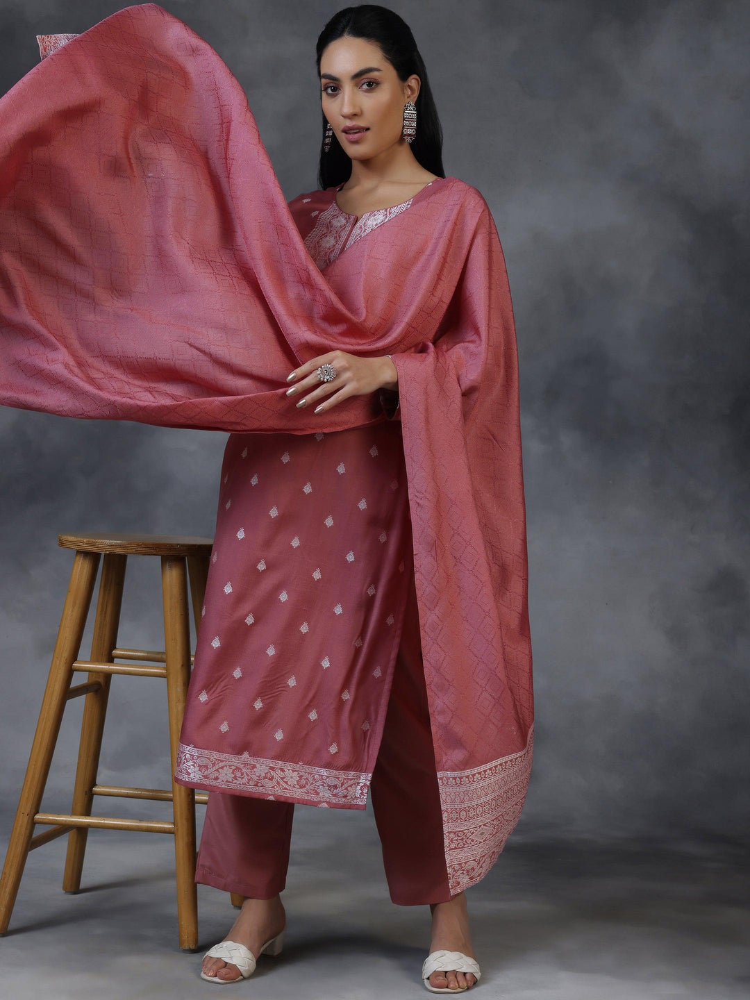 Pink Woven Design Silk Blend Straight Suit With Dupatta - Libas