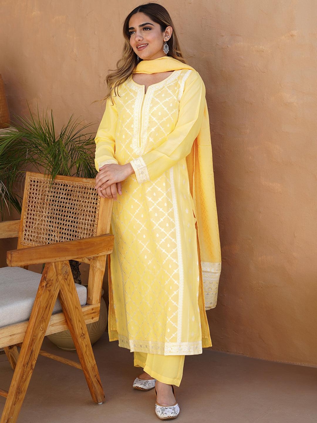 Yellow Woven Design Silk Blend Straight Suit With Dupatta - Libas 