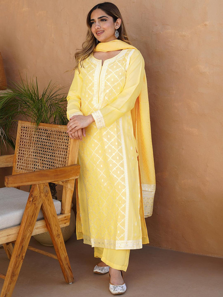 Yellow Woven Design Silk Blend Straight Suit With Dupatta - Libas