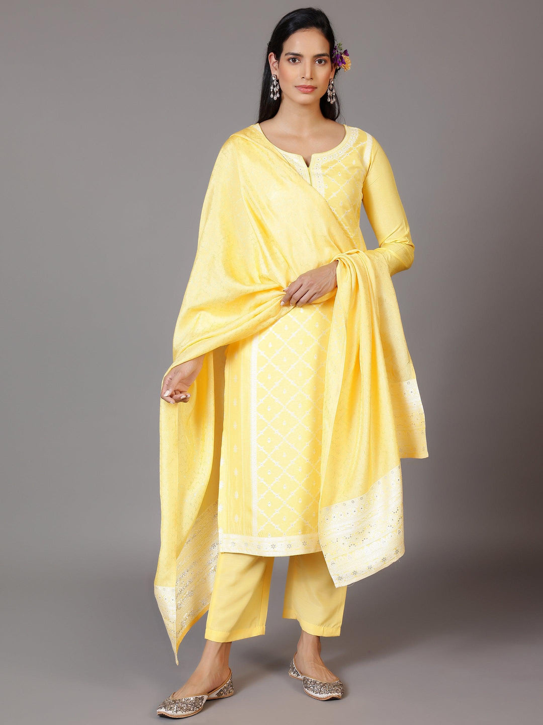 Yellow Woven Design Silk Blend Straight Suit With Dupatta - Libas 