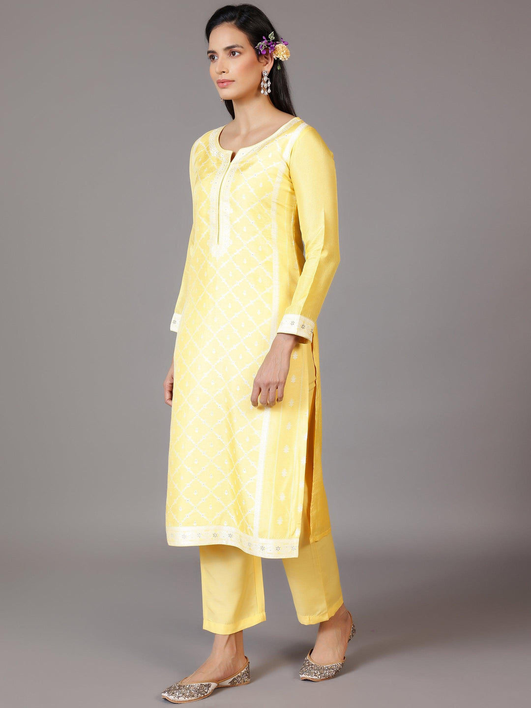 Yellow Woven Design Silk Blend Straight Suit With Dupatta - Libas 