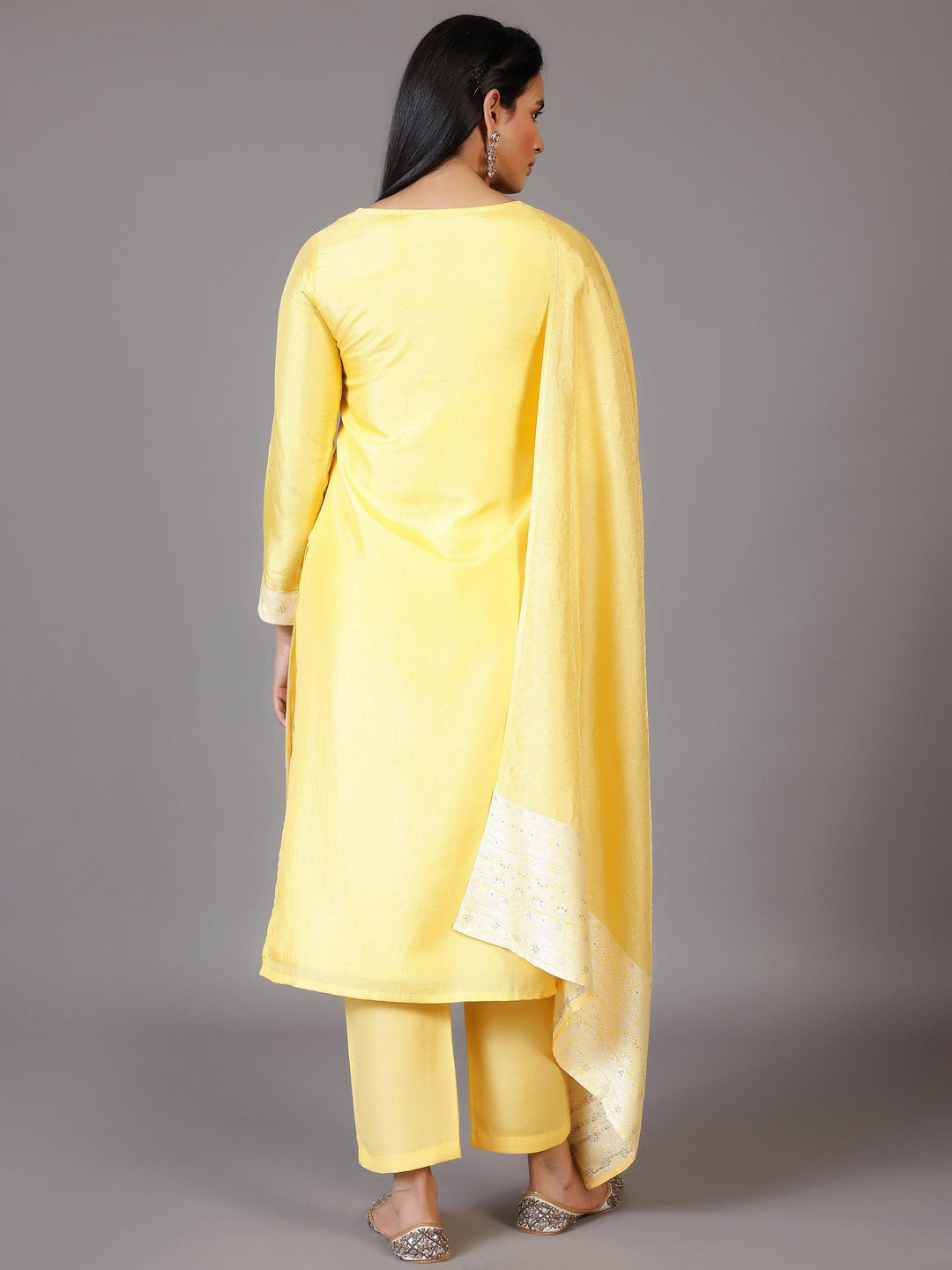 Yellow Woven Design Silk Blend Straight Suit With Dupatta - Libas 