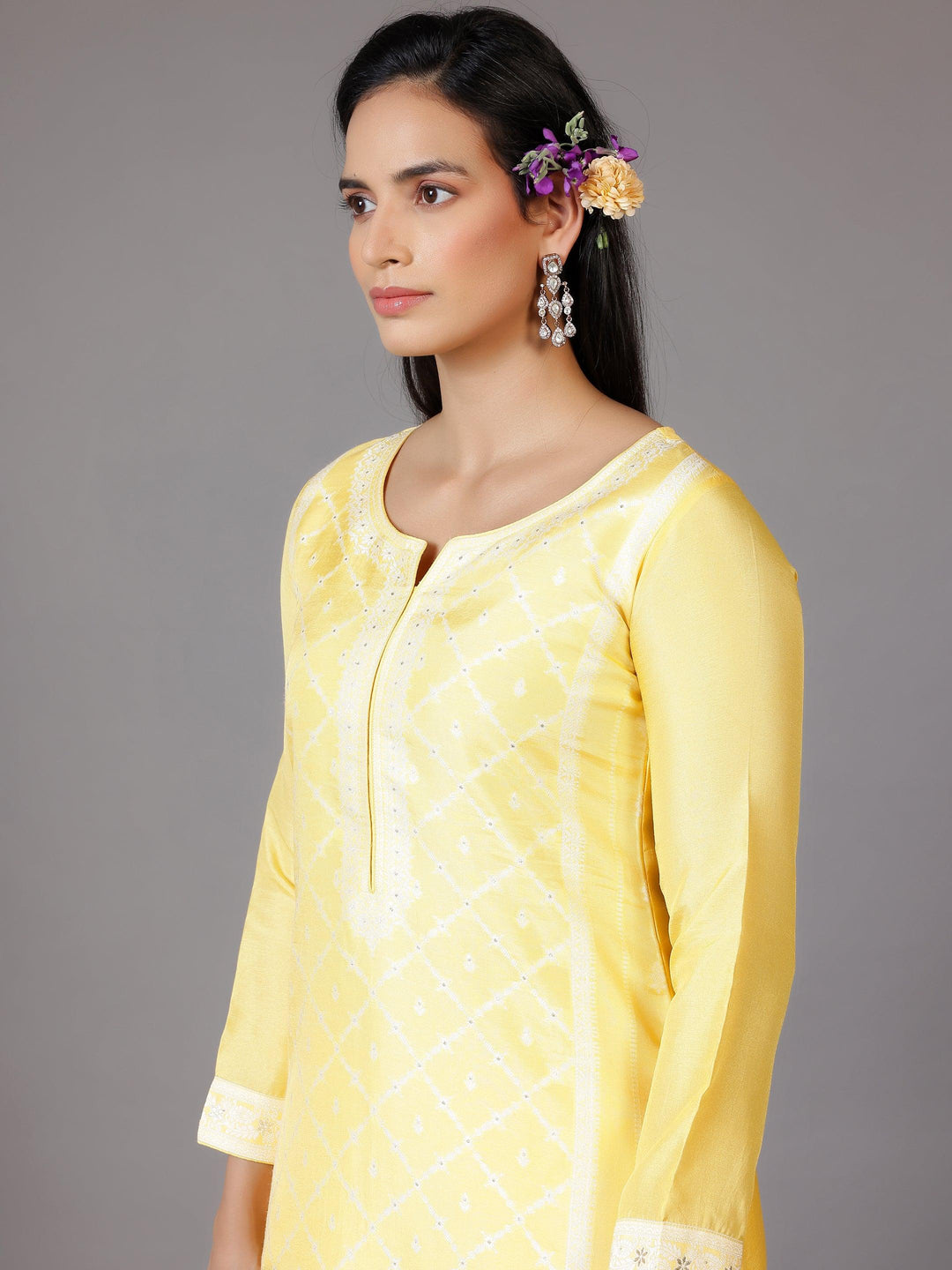 Yellow Woven Design Silk Blend Straight Suit With Dupatta - Libas 