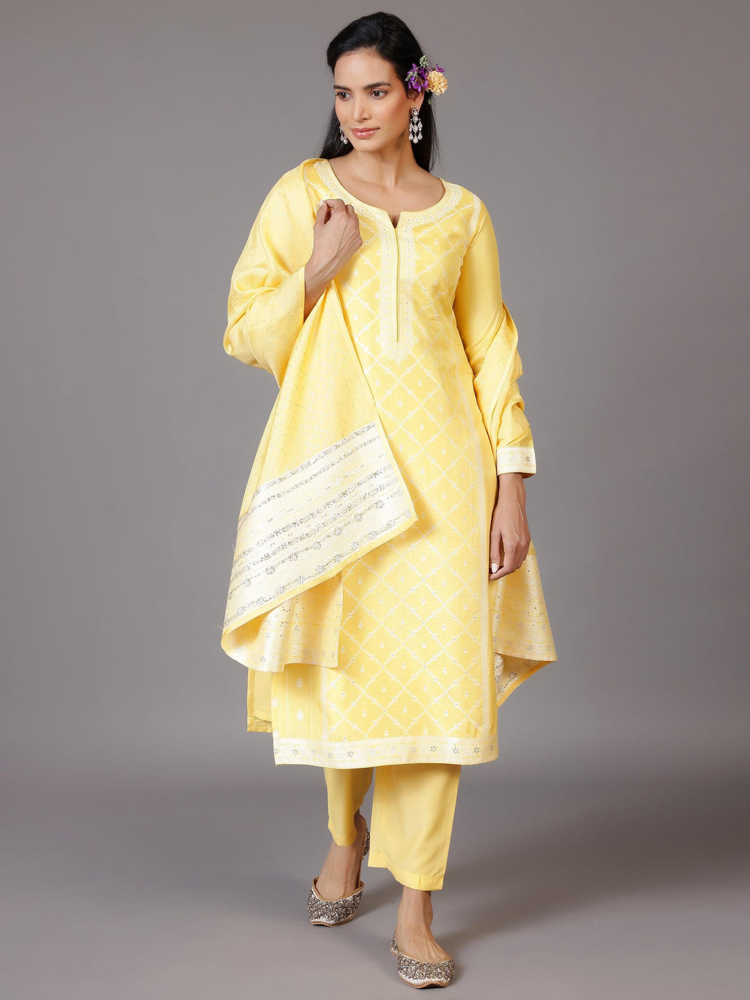 Yellow Woven Design Silk Blend Straight Suit With Dupatta - Libas 