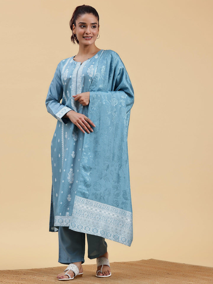 Blue Woven Design Silk Blend Straight Suit With Dupatta - Libas