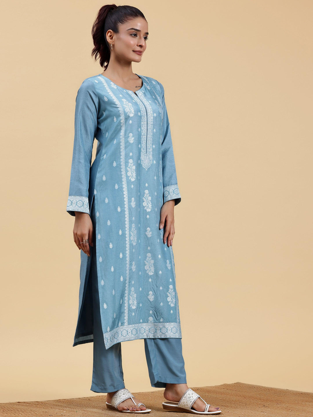 Blue Woven Design Silk Blend Straight Suit With Dupatta - Libas