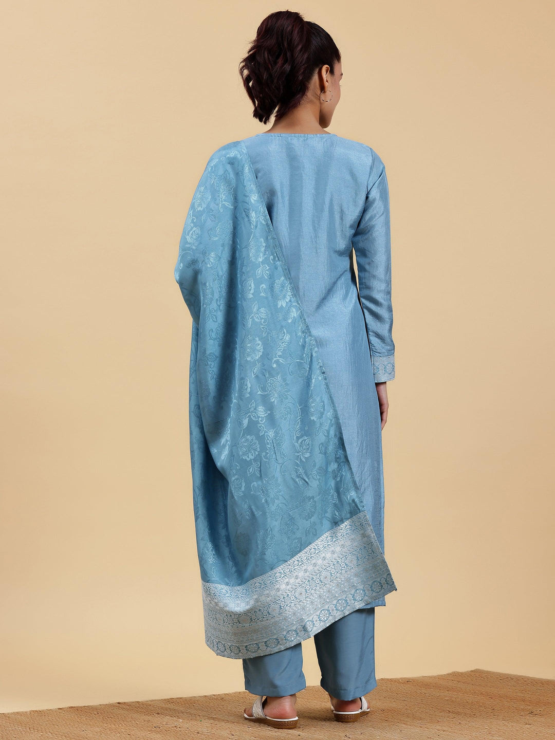 Blue Woven Design Silk Blend Straight Suit With Dupatta - Libas