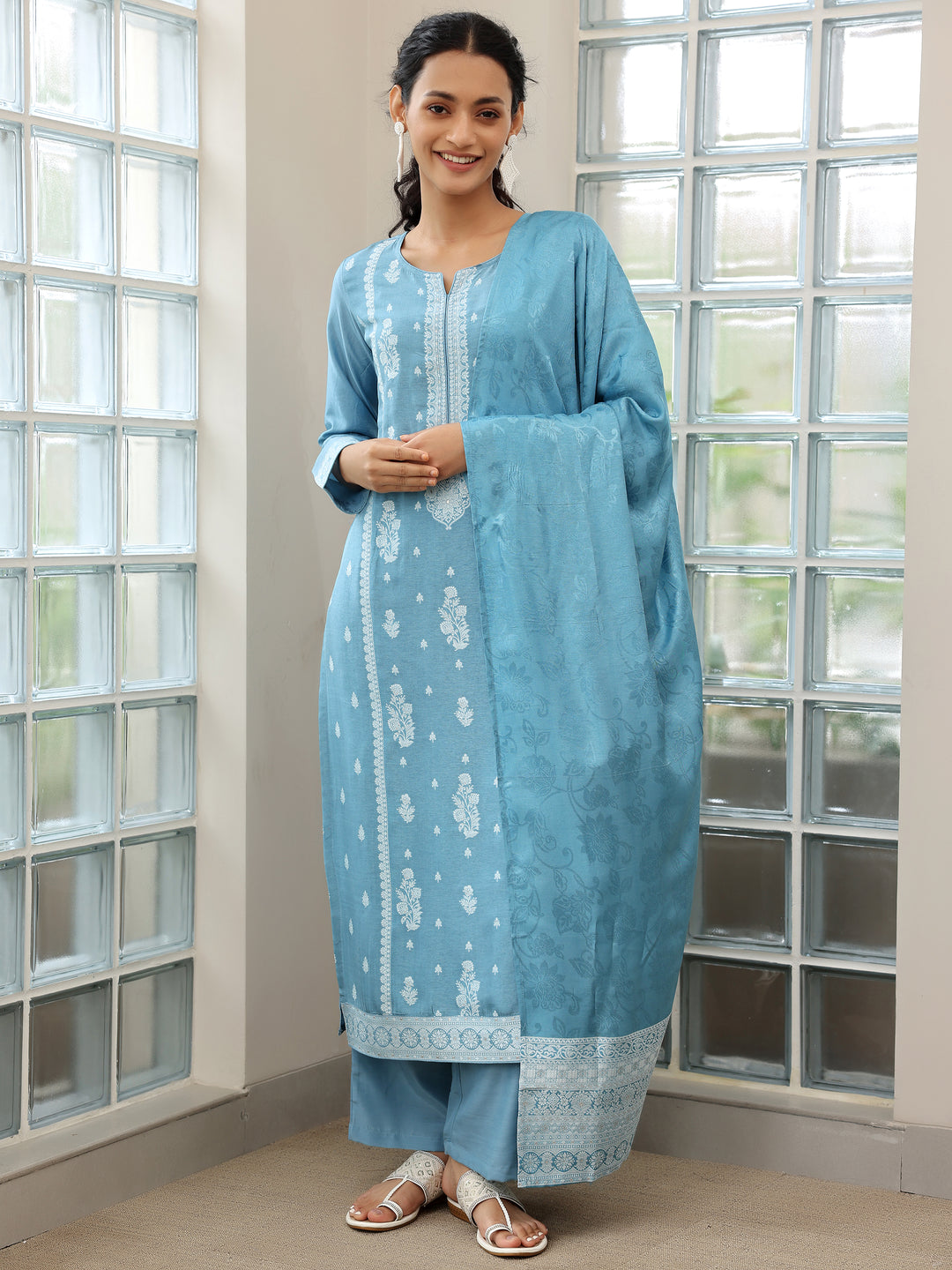 Blue Woven Design Silk Blend Straight Suit With Dupatta