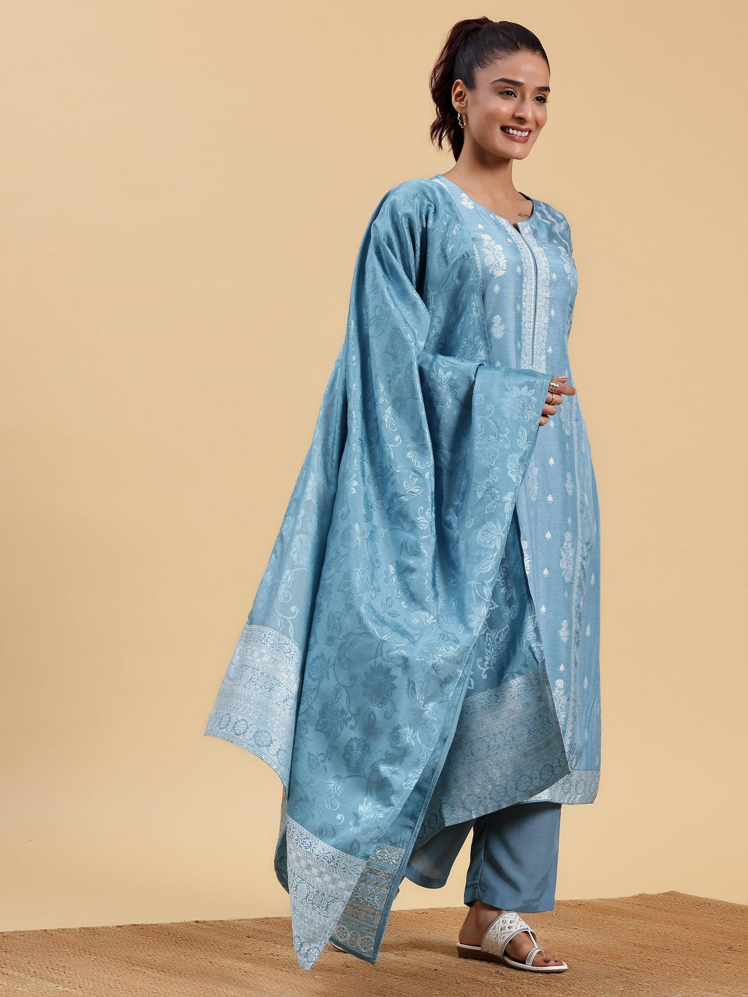 Blue Woven Design Silk Blend Straight Suit With Dupatta - Libas