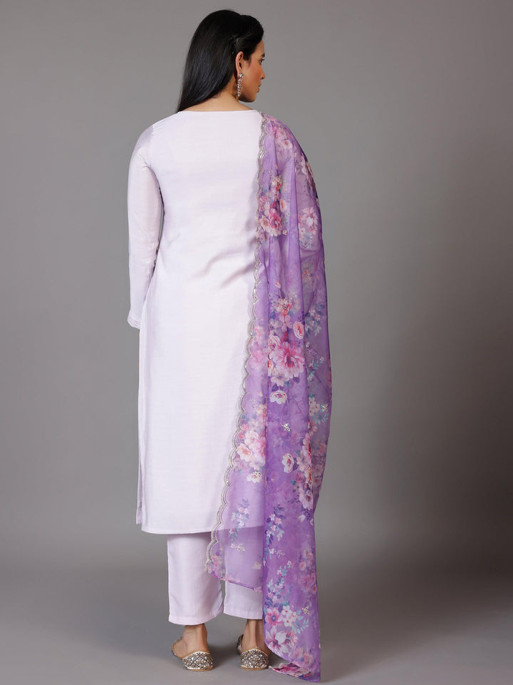 Lilac Embellished Silk Blend Straight Suit With Dupatta - Libas