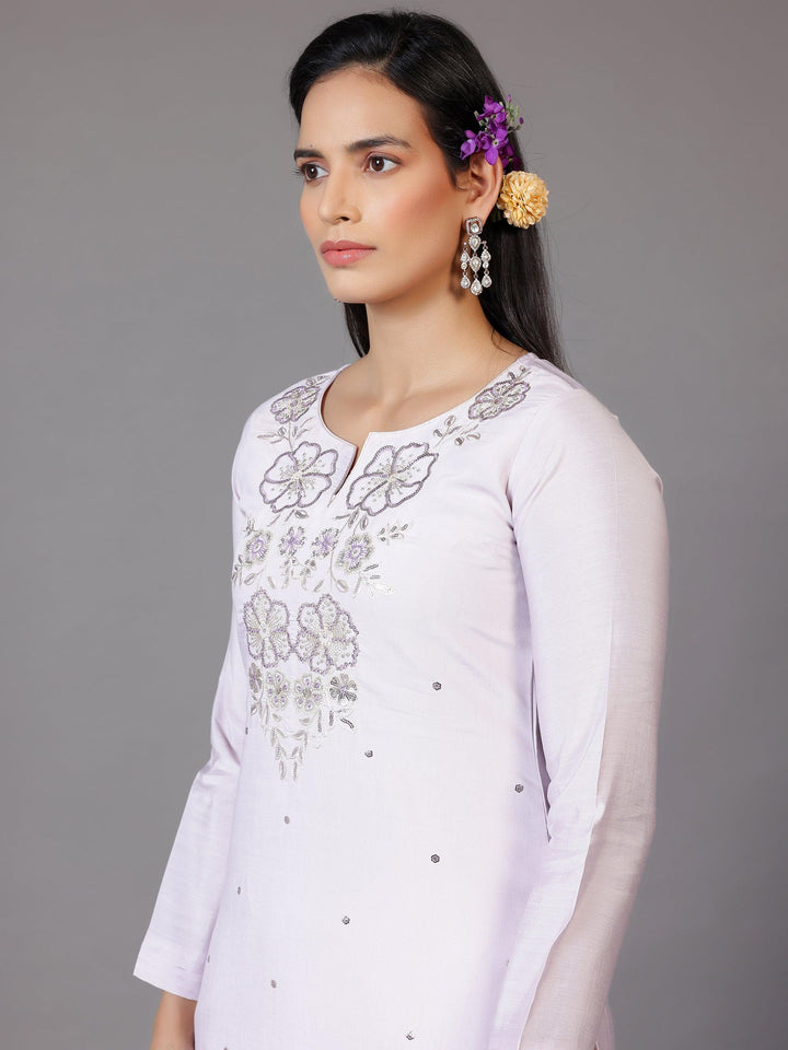 Lilac Embellished Silk Blend Straight Suit With Dupatta - Libas