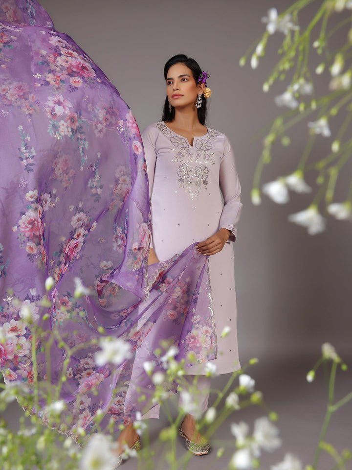 Lilac Embellished Silk Blend Straight Suit With Dupatta - Libas