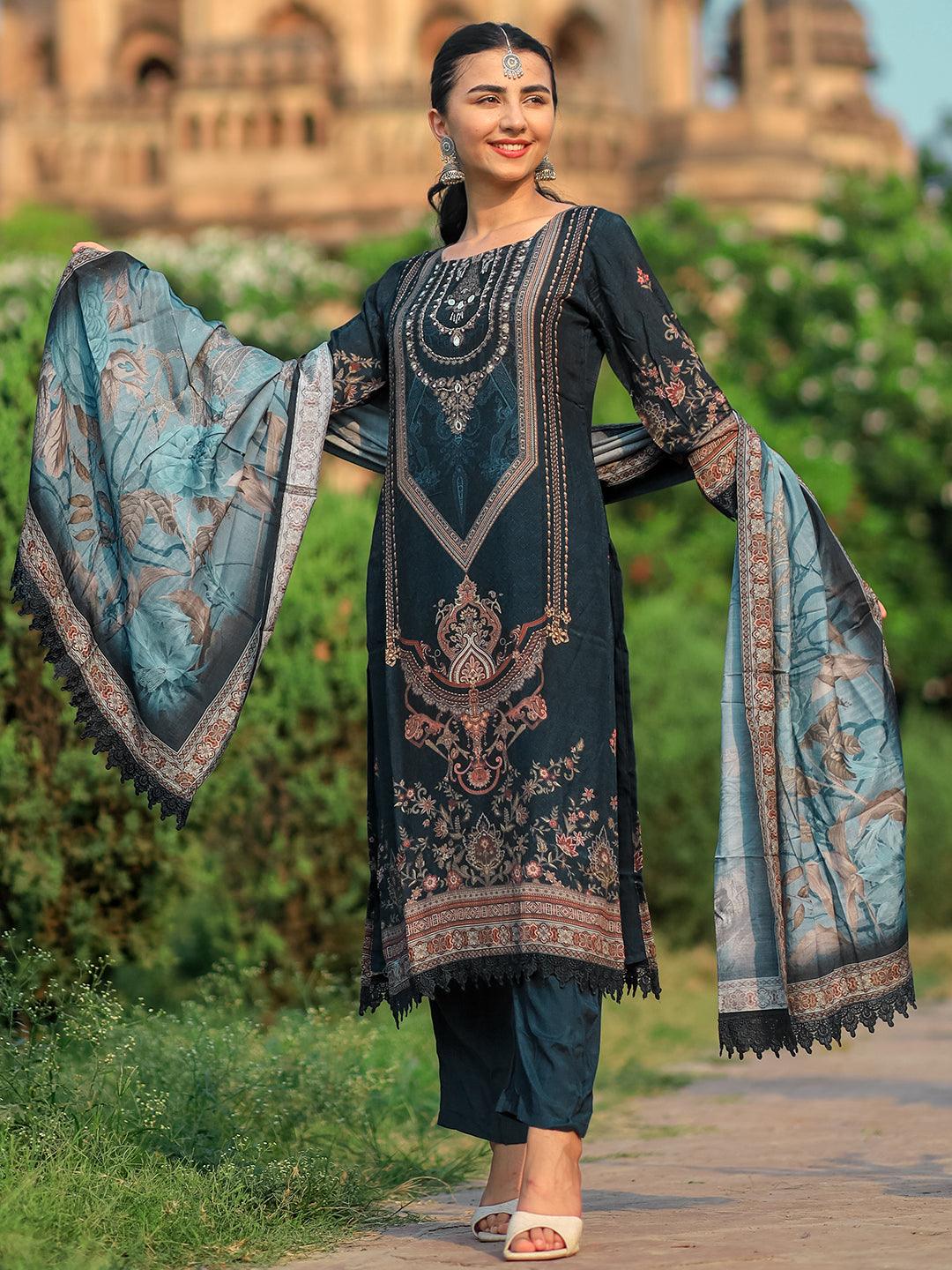 Blue Printed Silk Blend Pakistani Suit - Libas 