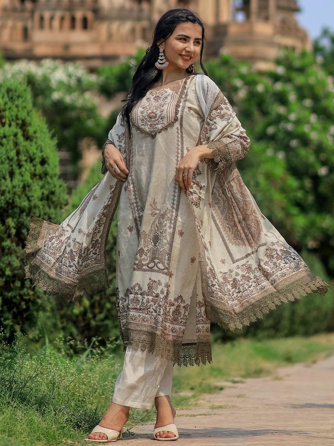Beige Printed Silk Blend Pakistani Suit - Libas