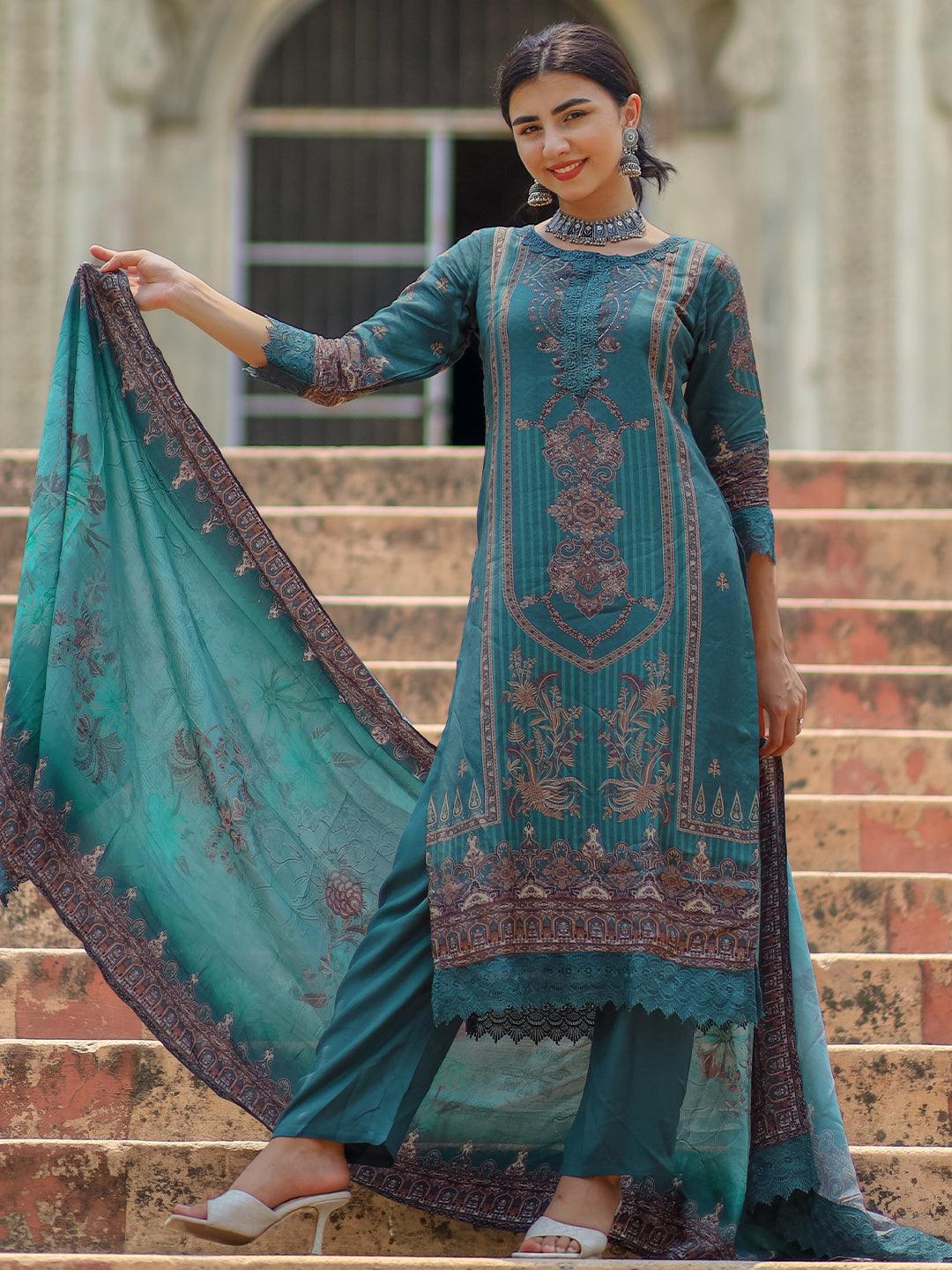 Green Printed Silk Blend Pakistani Suit - Libas