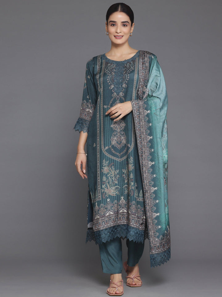 Green Printed Silk Blend Straight Suit With Dupatta - Libas