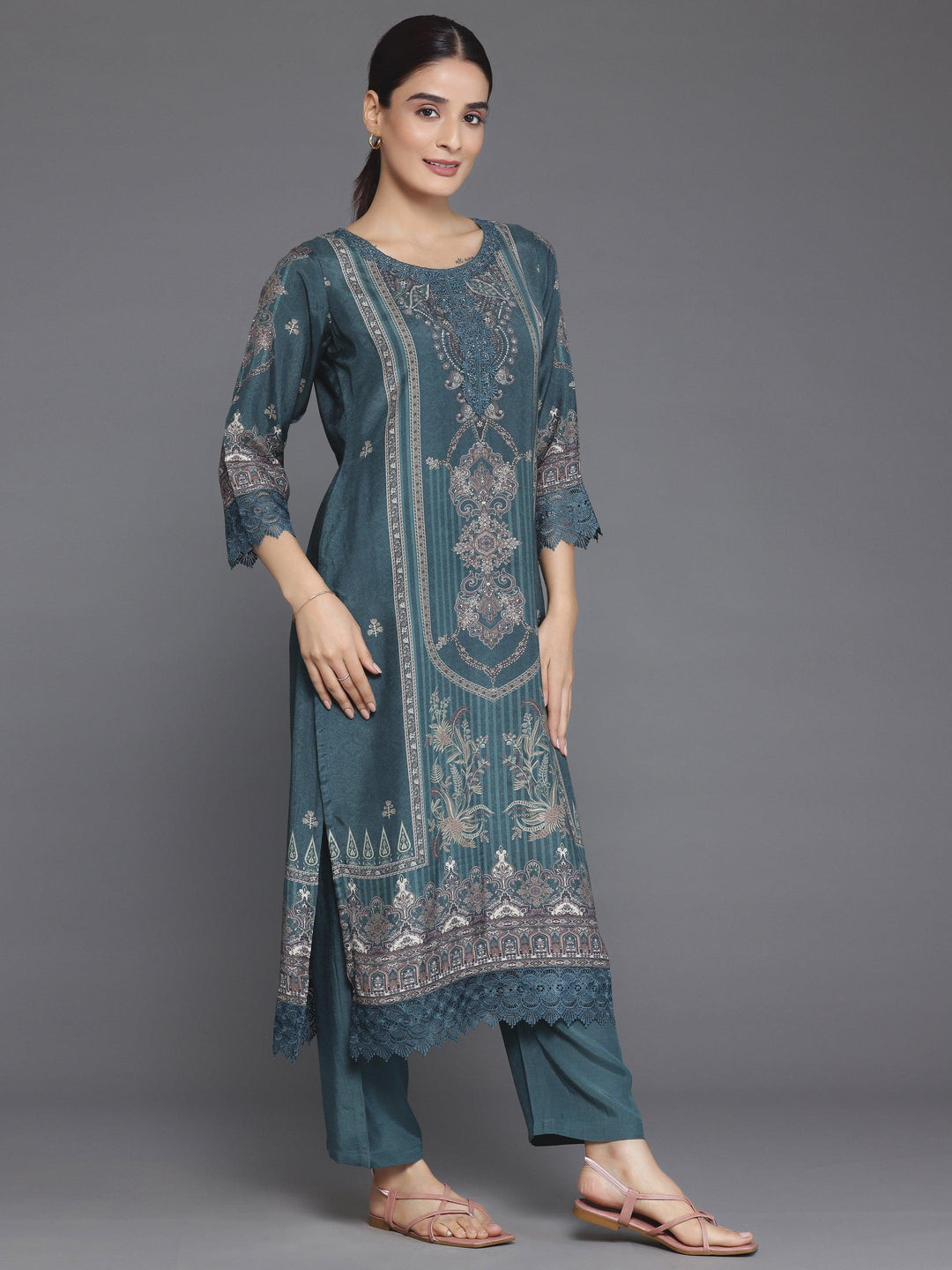 Green Printed Silk Blend Straight Suit With Dupatta - Libas