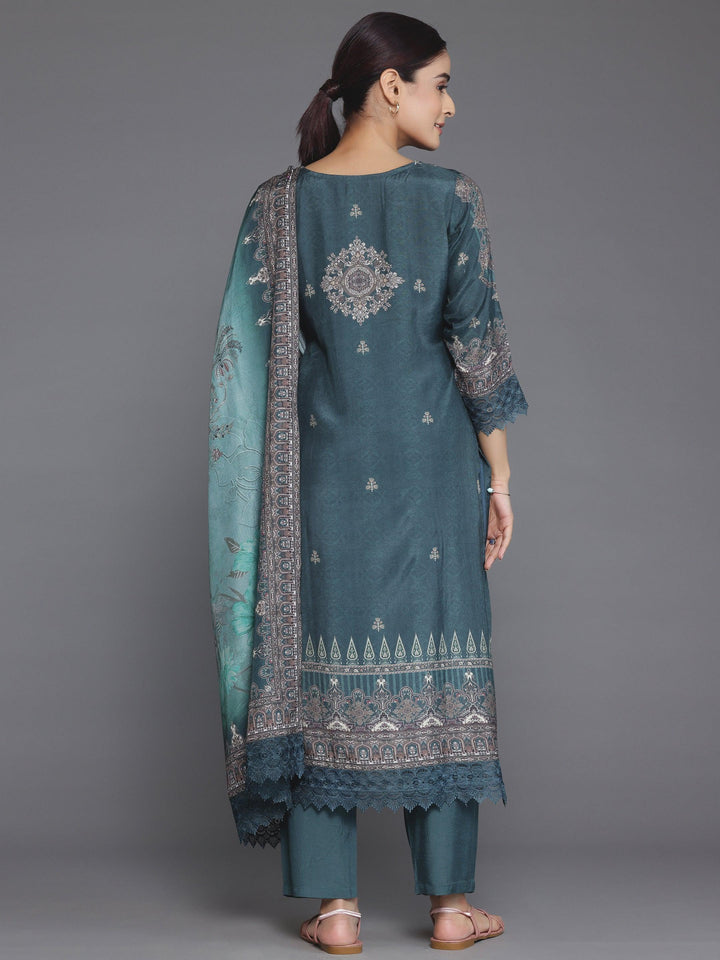 Green Printed Silk Blend Straight Suit With Dupatta - Libas