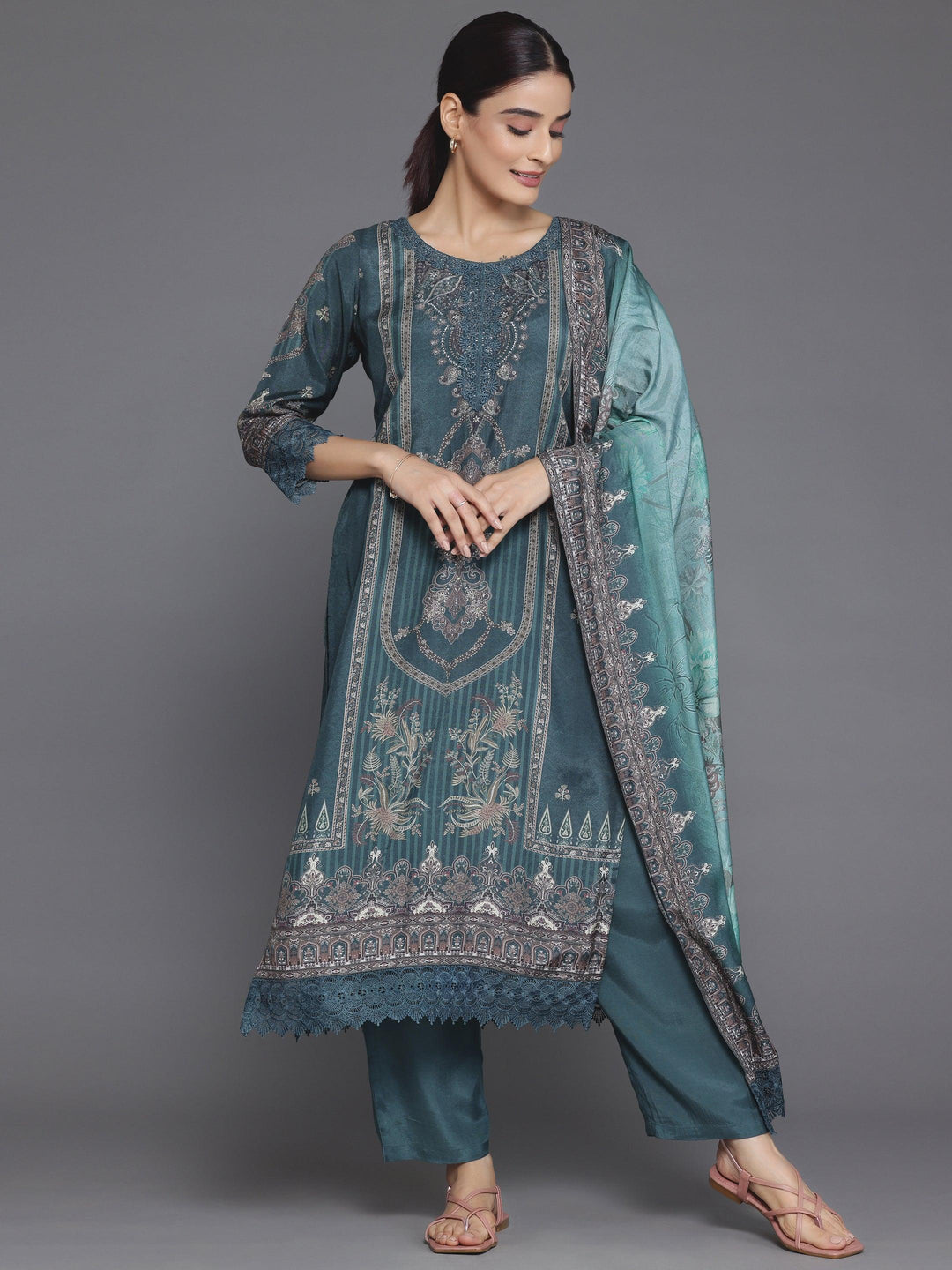 Green Printed Silk Blend Straight Suit With Dupatta - Libas