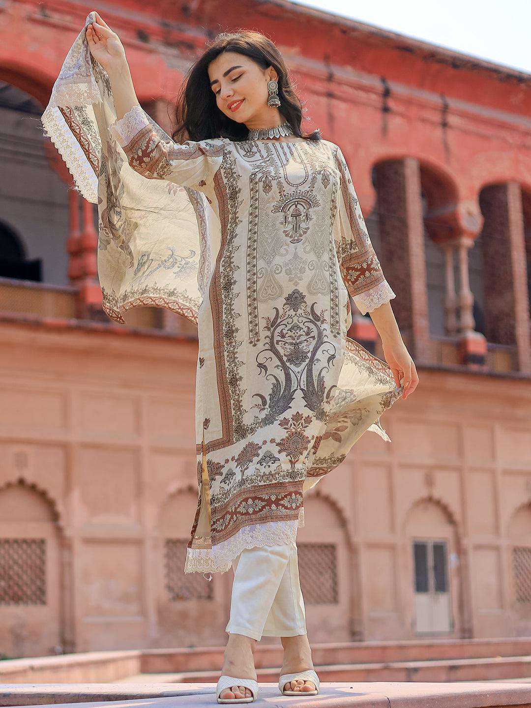 Ivory Printed Silk Blend Pakistani Suit - Libas