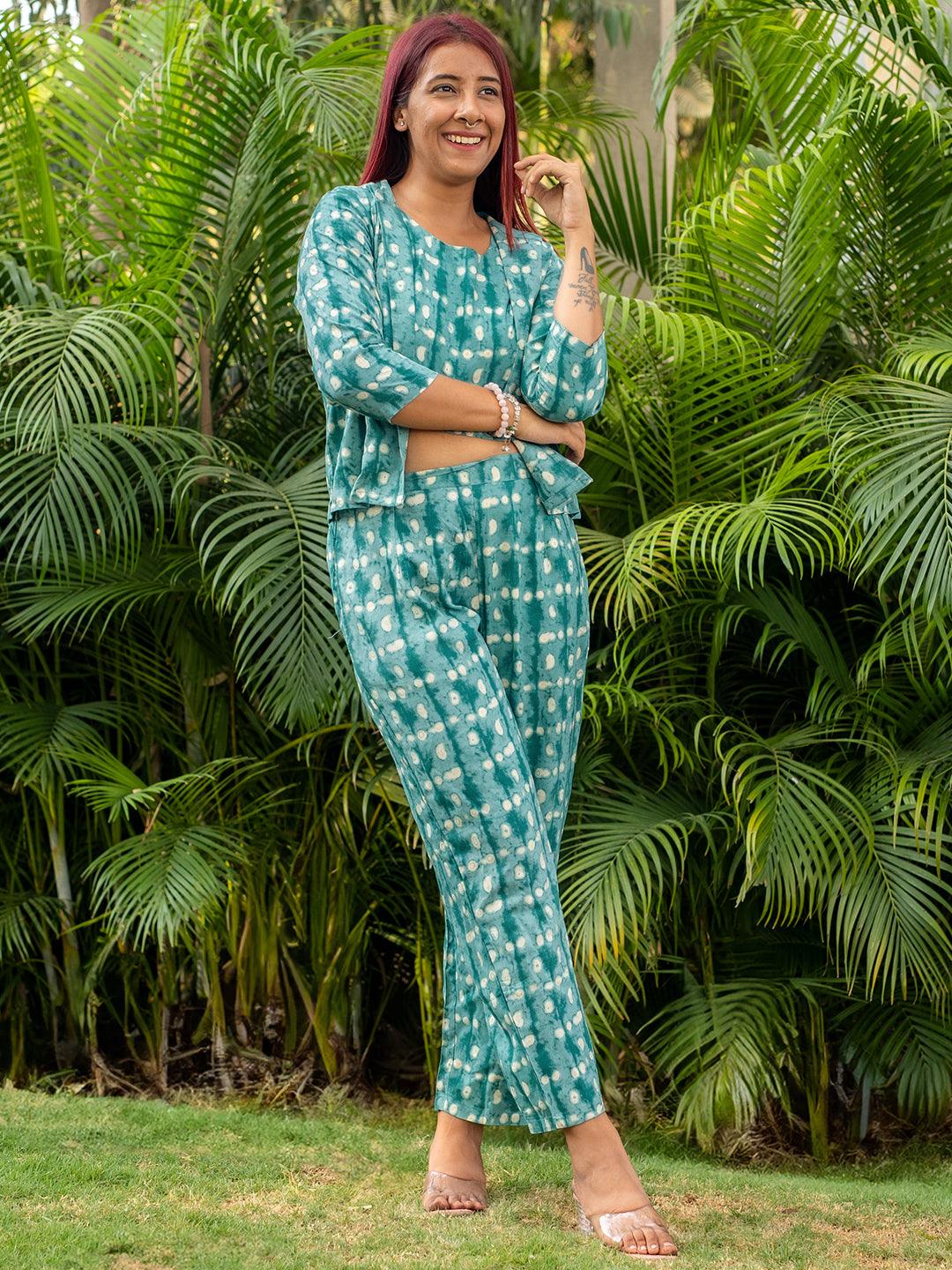 Teal Printed Rayon Co-Ords - Libas