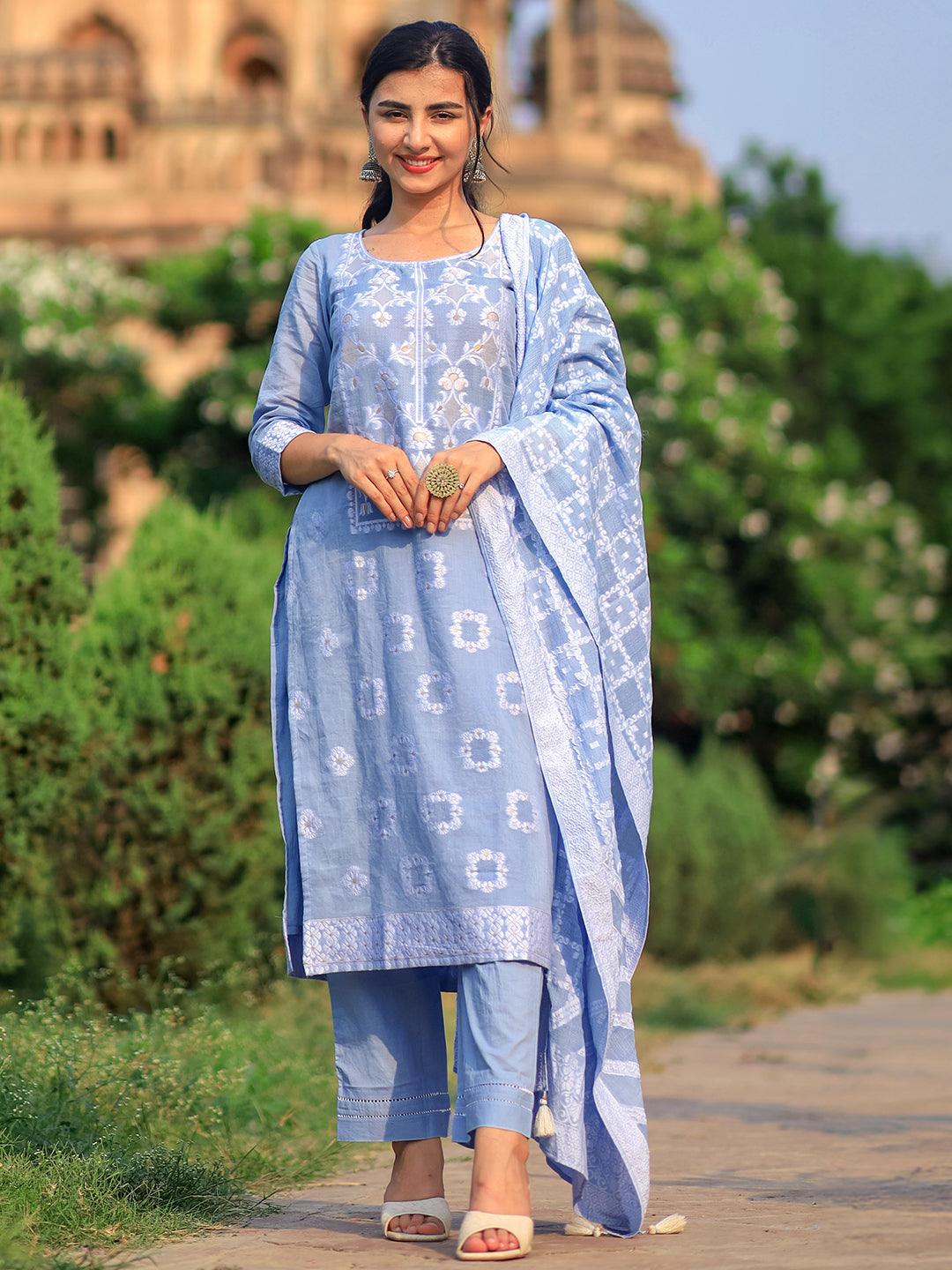 Blue Woven Design Cotton Straight Suit With Dupatta - Libas