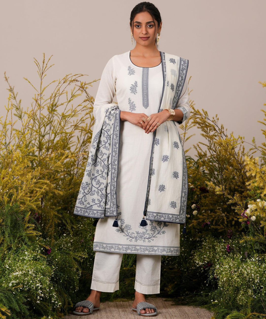 Off White Woven Design Cotton Straight Suit With Dupatta - Libas 