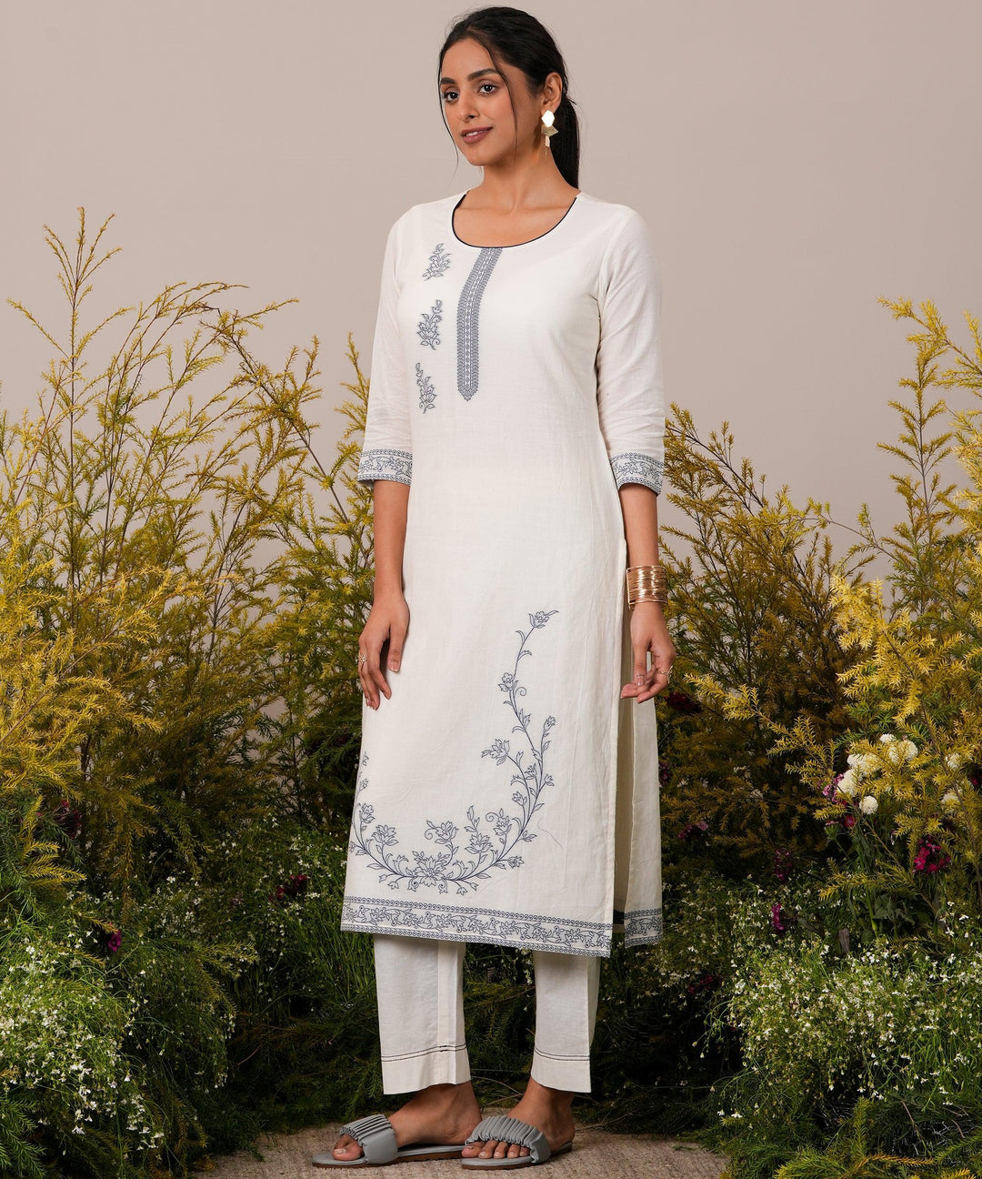 Off White Woven Design Cotton Straight Suit With Dupatta - Libas