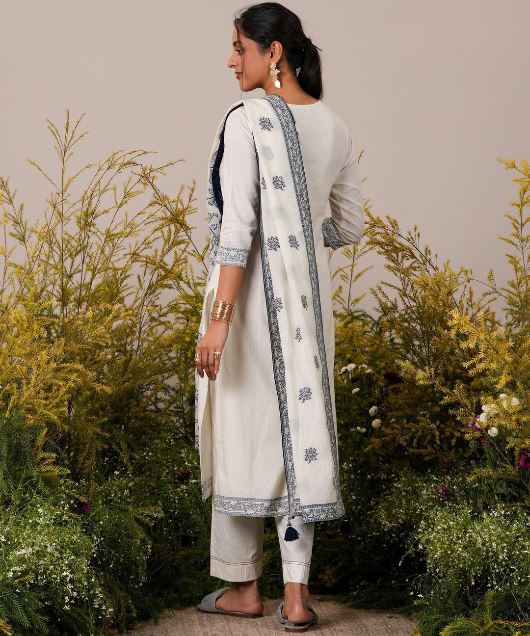 Off White Woven Design Cotton Straight Suit With Dupatta - Libas 