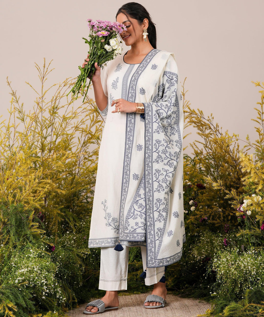 Off White Woven Design Cotton Straight Suit With Dupatta - Libas 