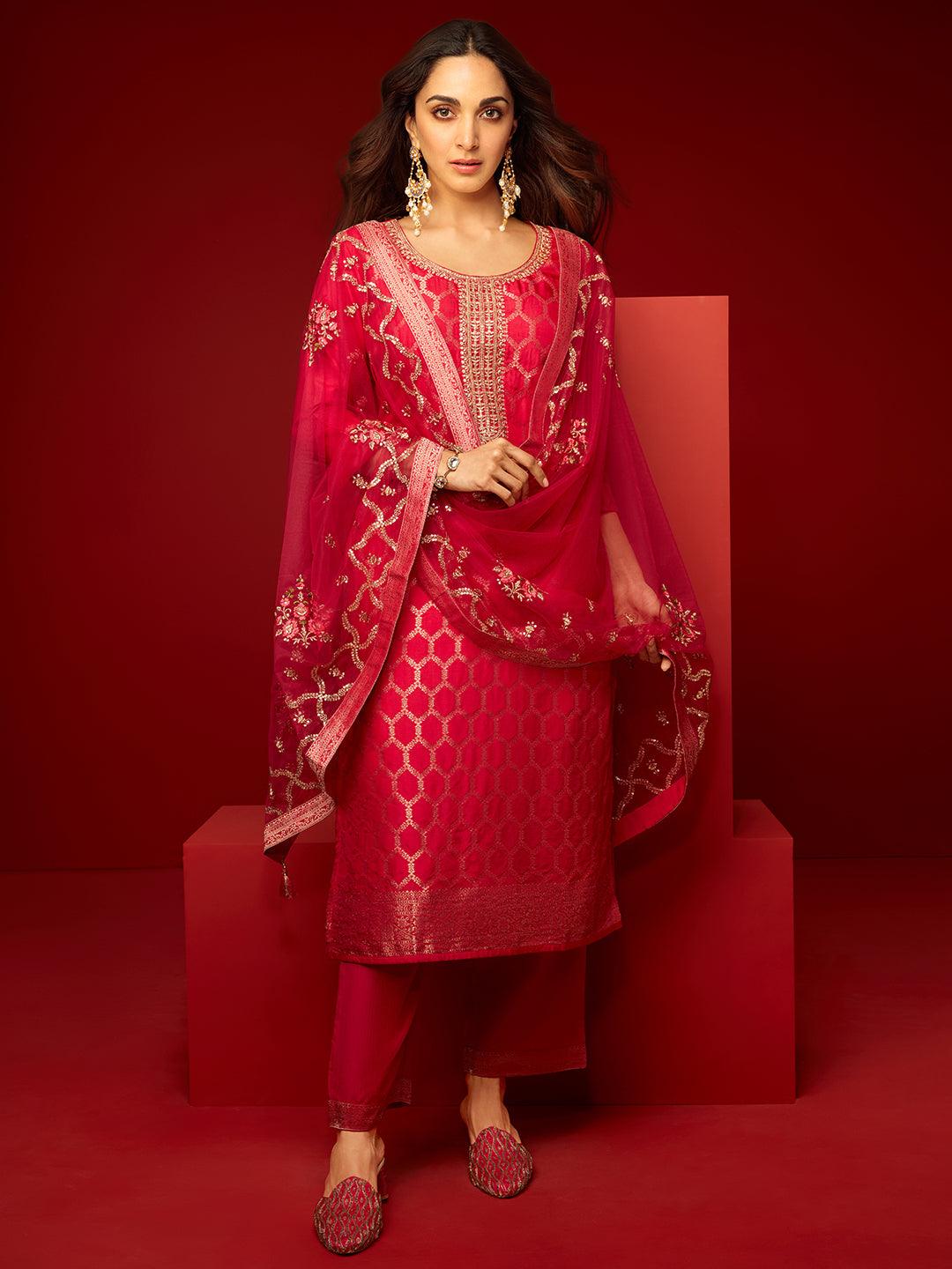 Pink Woven Design Silk Blend Straight Suit With Dupatta - Libas 