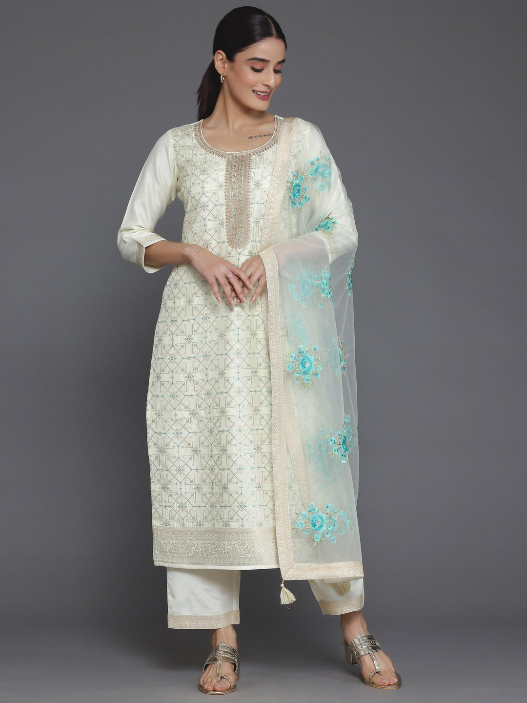 Cream Woven Design Silk Blend Straight Suit With Dupatta - Libas 