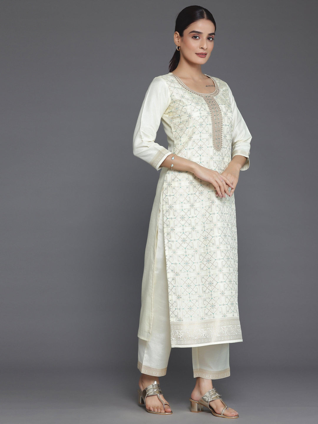 Cream Woven Design Silk Blend Straight Suit With Dupatta - Libas