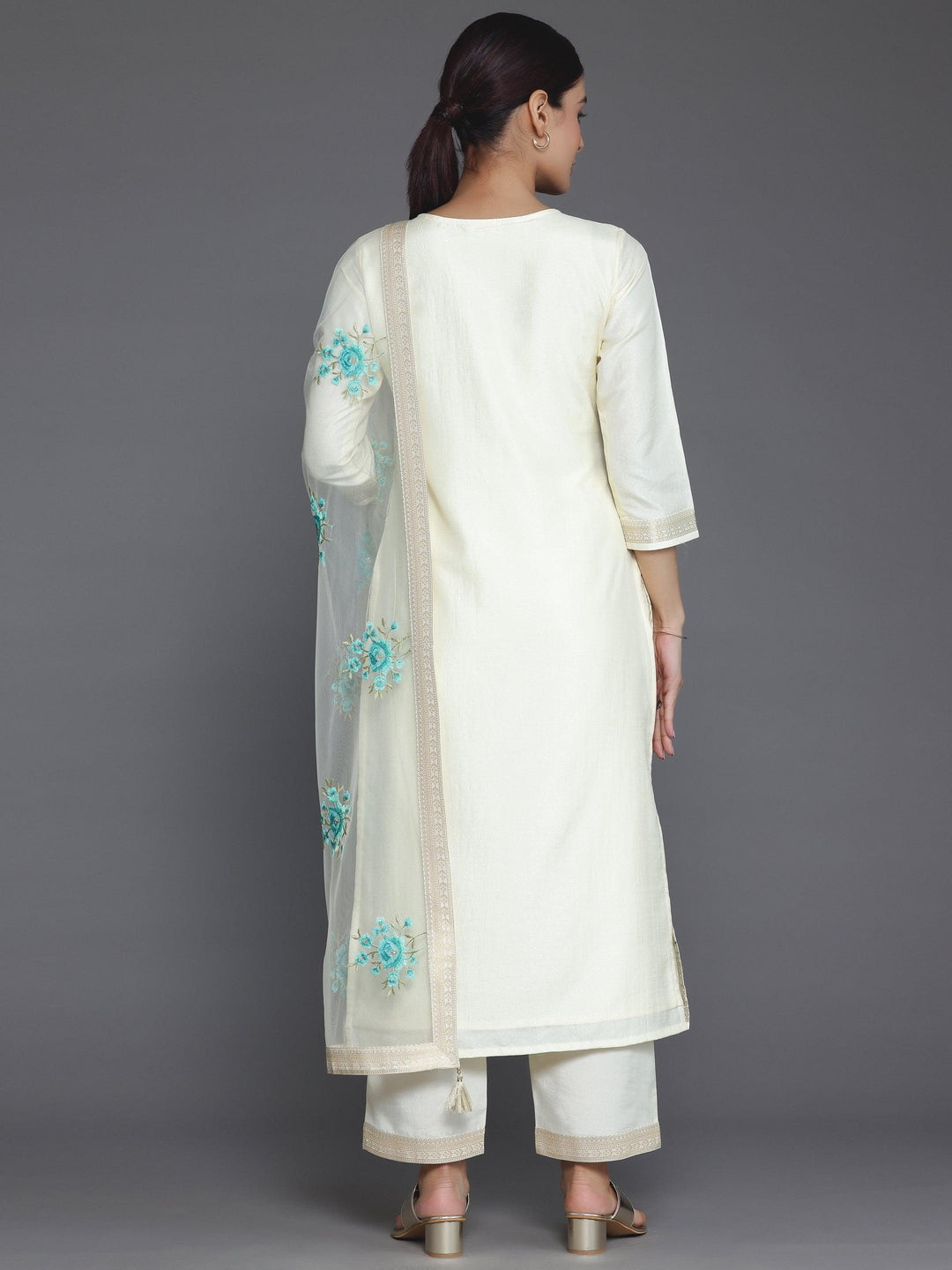 Cream Woven Design Silk Blend Straight Suit With Dupatta - Libas