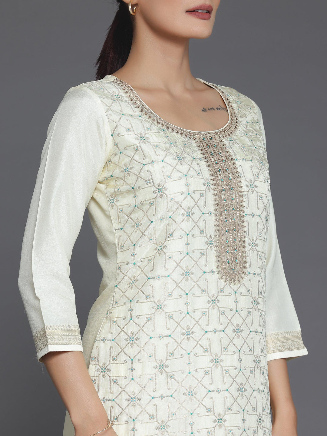 Cream Woven Design Silk Blend Straight Suit With Dupatta - Libas 