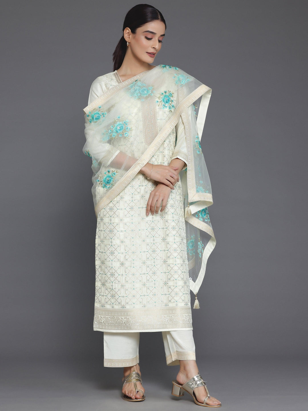 Cream Woven Design Silk Blend Straight Suit With Dupatta - Libas 