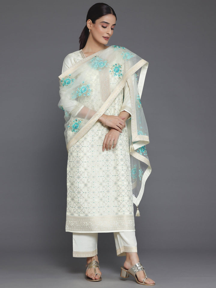 Cream Woven Design Silk Blend Straight Suit With Dupatta - Libas