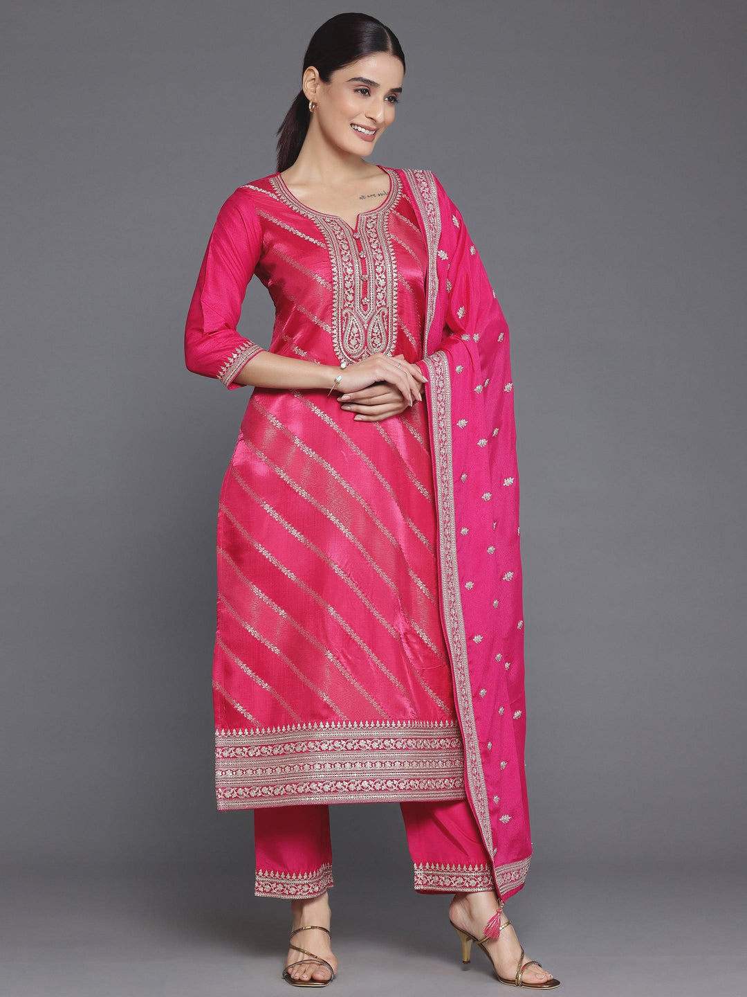 Pink Self Design Silk Blend Straight Suit With Dupatta - Libas