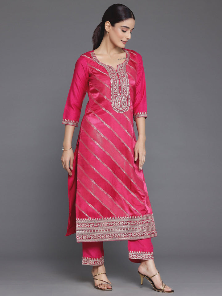 Pink Self Design Silk Blend Straight Suit With Dupatta - Libas