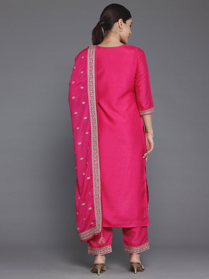 Pink Self Design Silk Blend Straight Suit With Dupatta - Libas