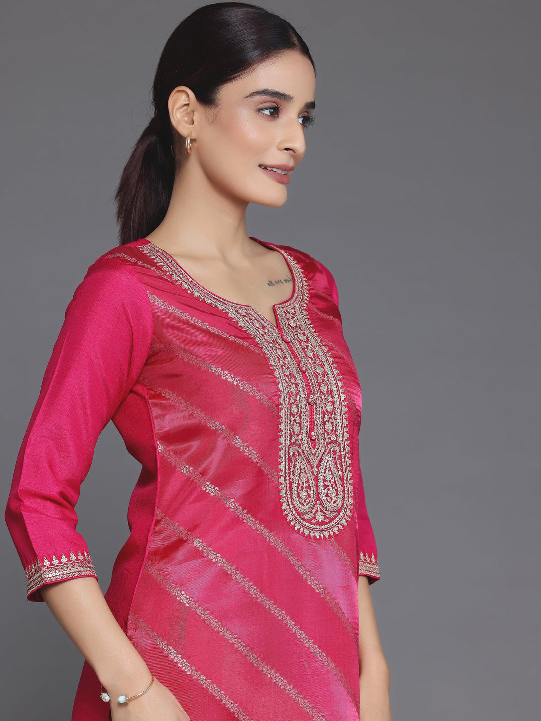 Pink Self Design Silk Blend Straight Suit With Dupatta - Libas