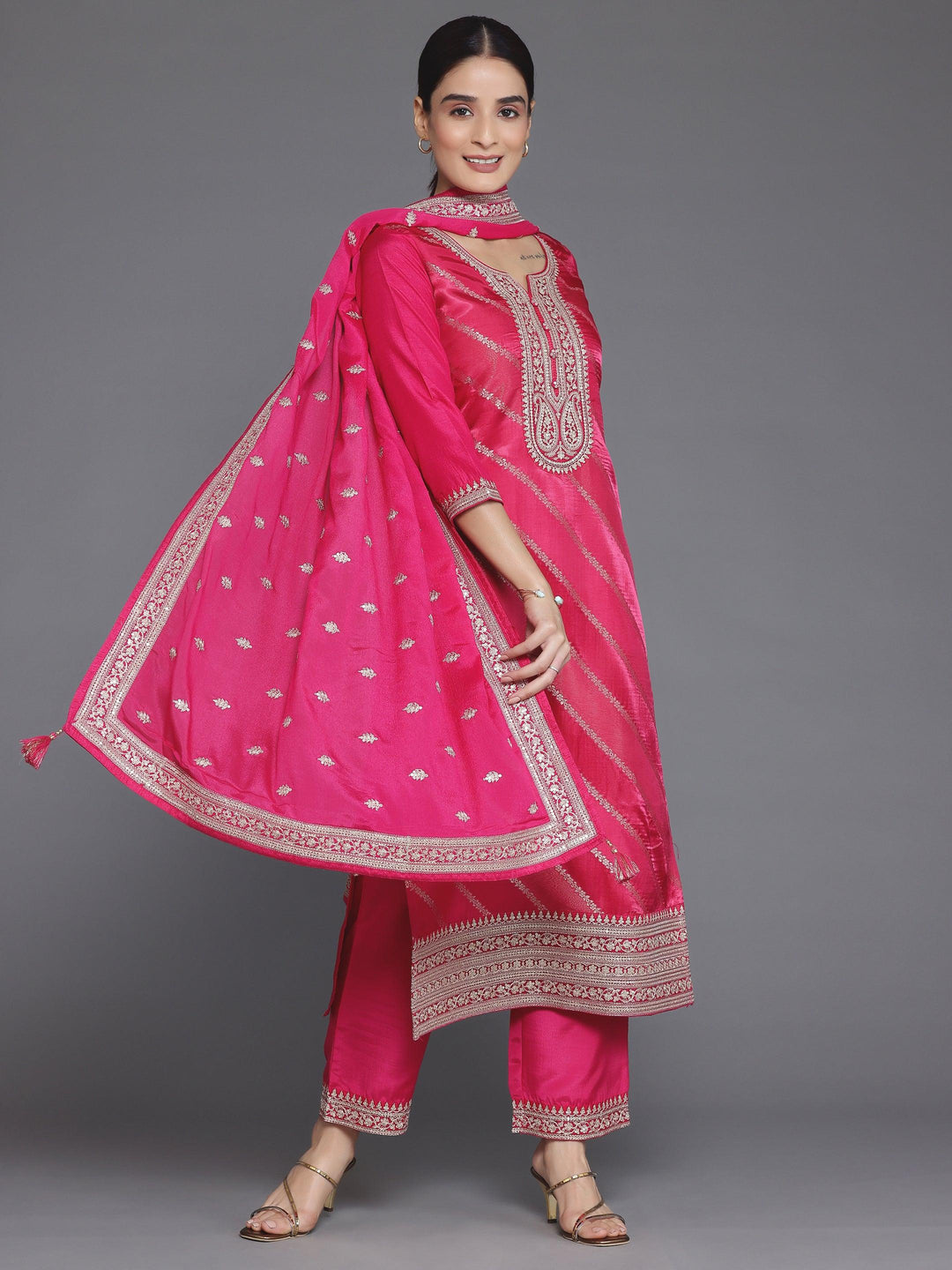 Pink Self Design Silk Blend Straight Suit With Dupatta - Libas